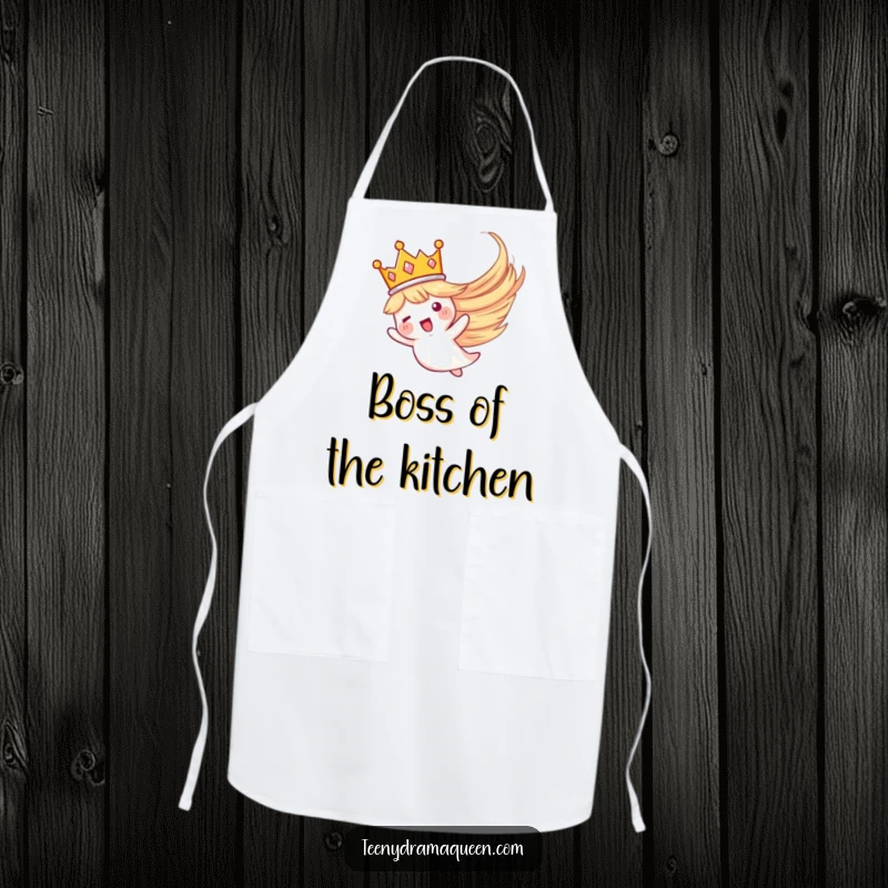 Funny apron featuring a tiny crown dramatically whirling away, perfect for regal cooking and humorous kitchen duties.