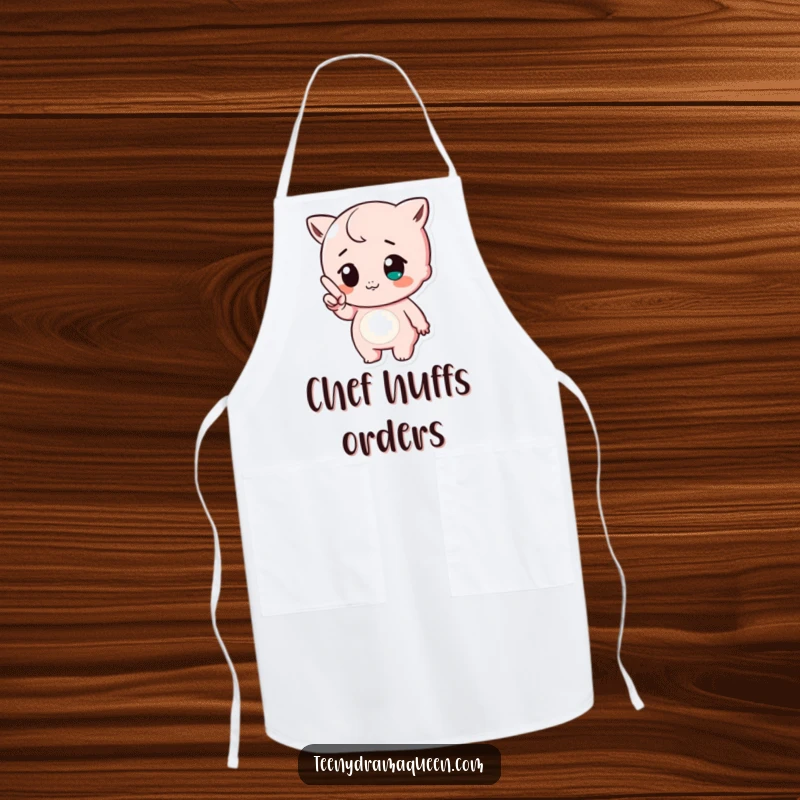 Funny apron showcasing a cute character pointing a tiny finger with a huff, adding humor and playful attitude to cooking and baking.