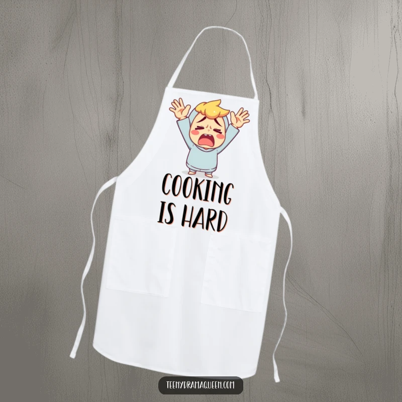 Funny apron with a character throwing its hands up in exaggerated exasperation, perfect for kitchen humor.