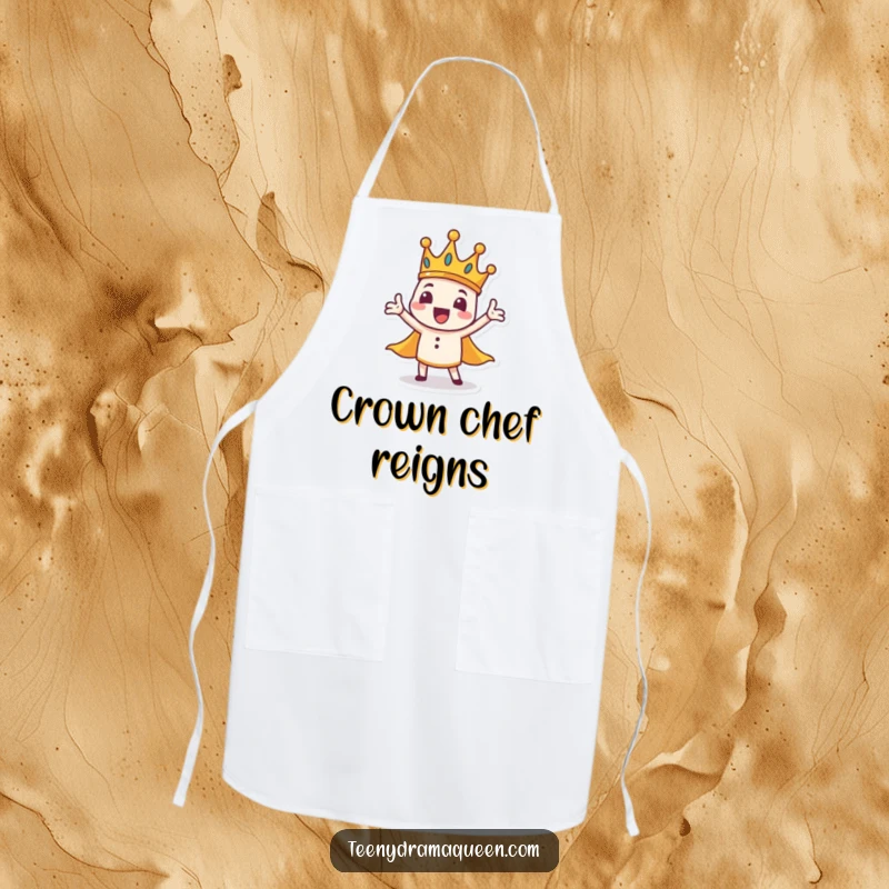 Funny crown character apron, tiny, wobbly, grand gesture, adding theatrical humor to cooking.