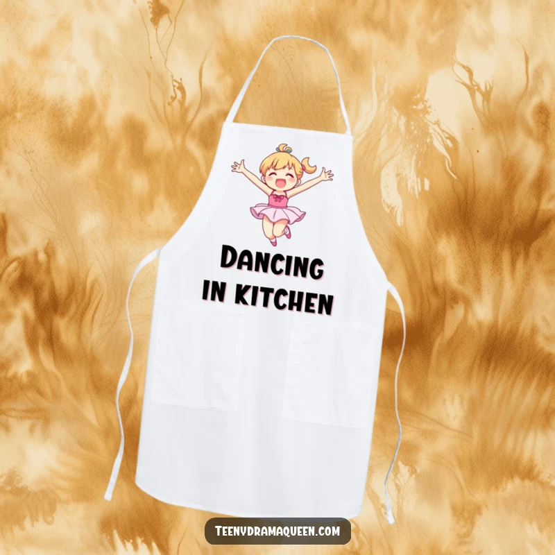 Funny apron with a ballet dancer character performing an enthusiastic, joyful leap, perfect for a humorous cooking experience.
