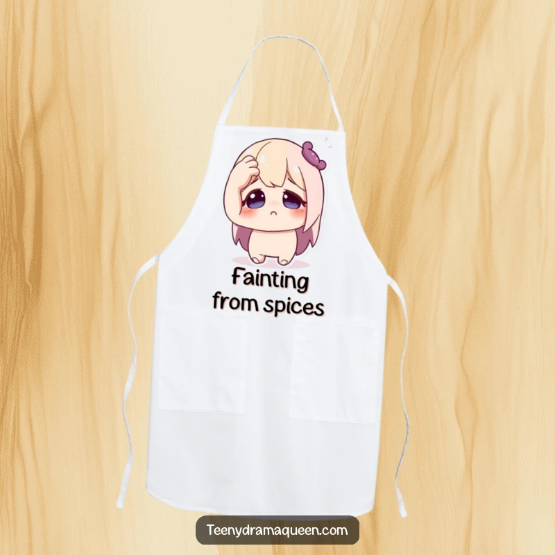Funny apron showing a cute character comically pretending to faint, hand to forehead, eyes wide, ideal for kitchen antics.