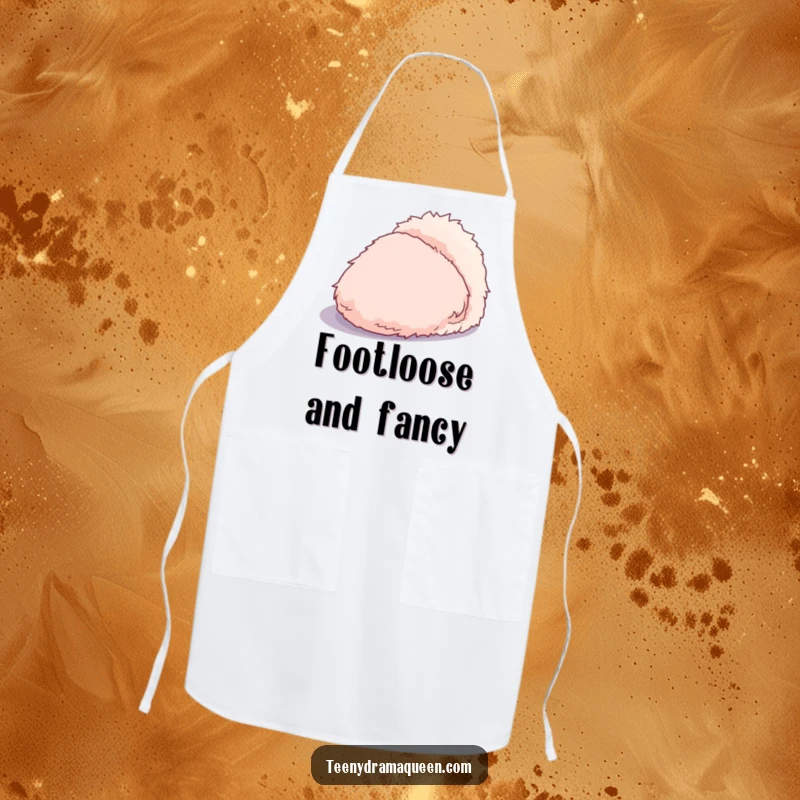 Funny apron showing a dramatic, overly fluffy slipper casting a large, exaggerated shadow, perfect for protecting clothes with flair.