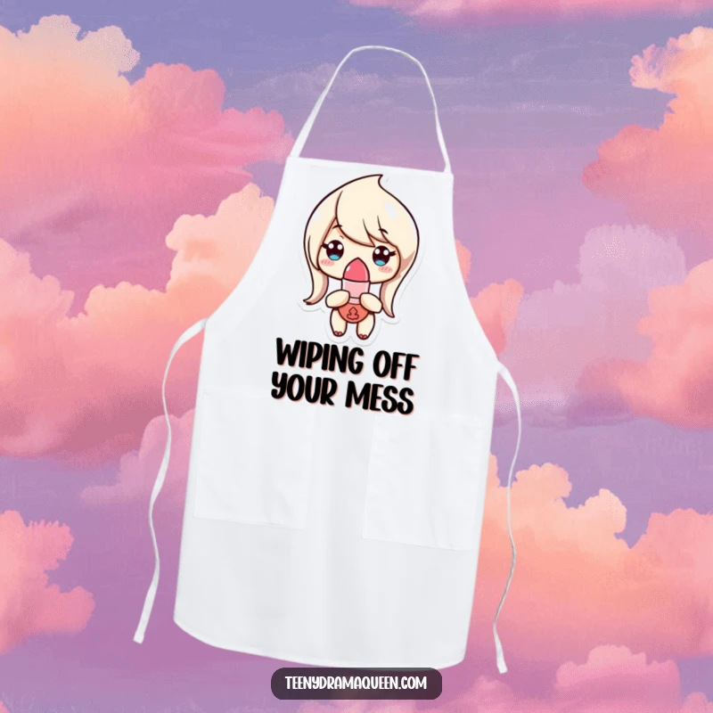Funny Apron featuring a tiny lipstick character with an unimpressed expression while cooking, adding humor to kitchen attire.