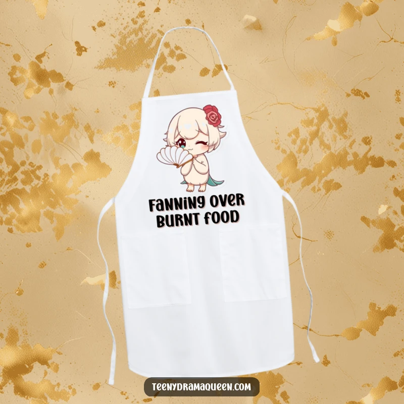 Funny apron showing a character fanning themselves with a miniature feather fan, looking bored, ideal for an elegantly unimpressed cook. Kitchen humor.