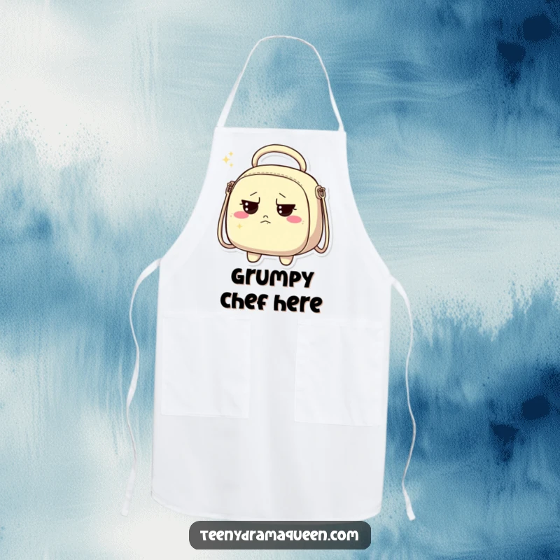 Funny chef's apron showcasing a sparkly handbag character with a discontented expression, ready for kitchen sass.