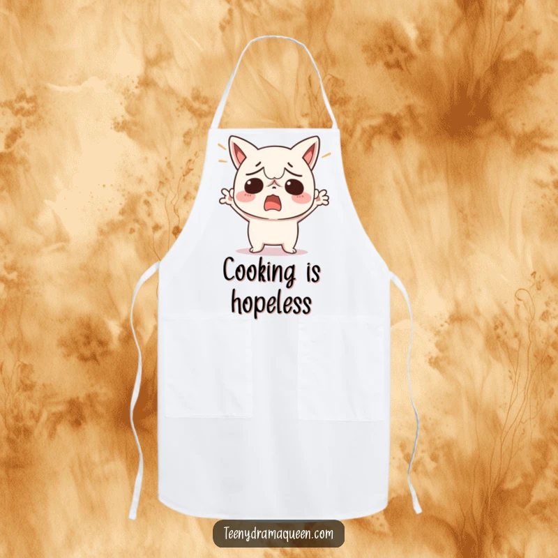 Funny apron with a kawaii character dramatically throwing its hands up in a gesture of exasperation, perfect for a stressed cook.