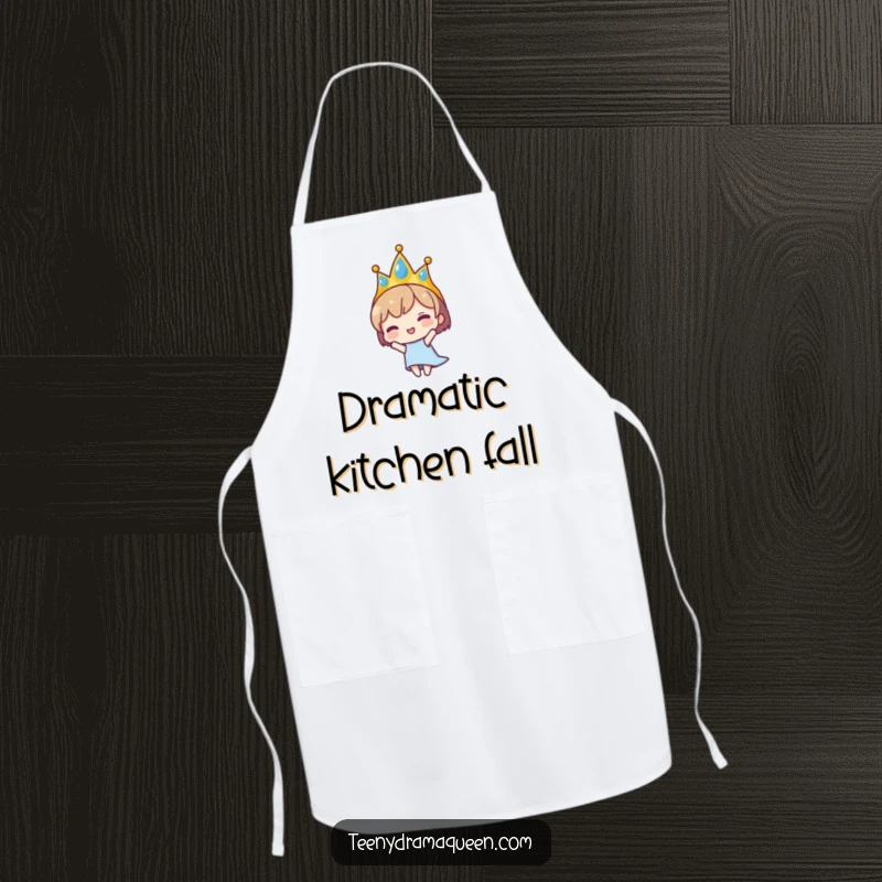 Funny apron depicting a tiny character wearing a tiara dramatically falling. Ideal for chefs and home cooks who appreciate theatrical humor.
