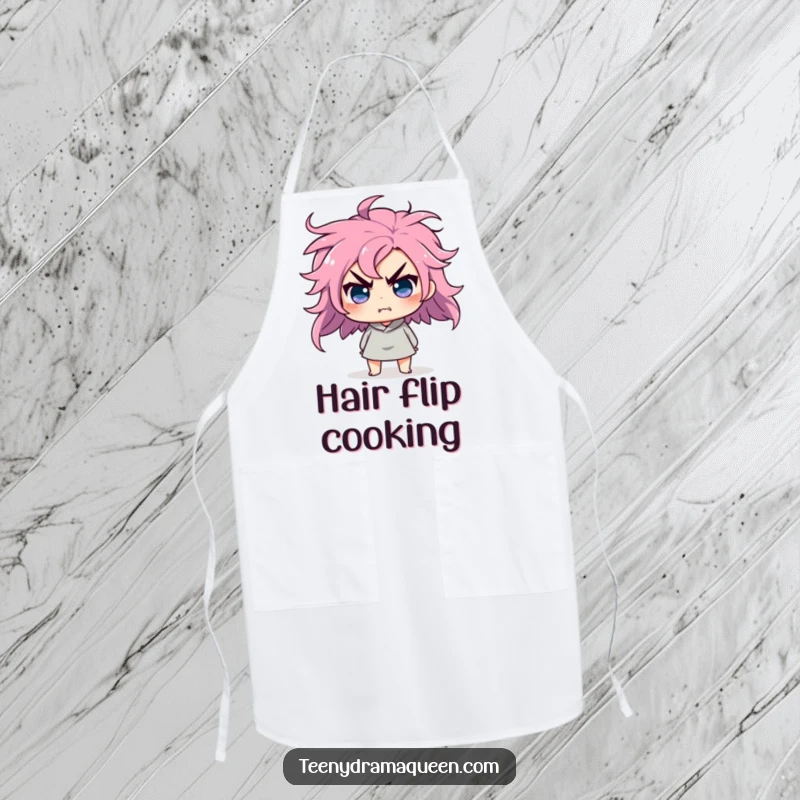 Funny apron with a character doing a dramatic hair flip, looking affronted, perfect for kitchen sass.
