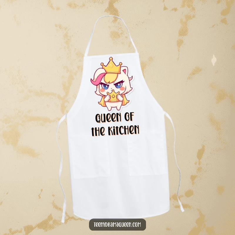Funny apron with a small character clutching a sparkly crown with a haughty glare, ideal for kitchen royalty.