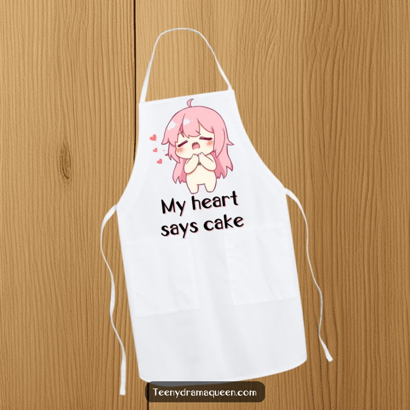 Funny Apron showing a character dramatically clutching its chest, faking heartbreak with hilarious kitchen flair.