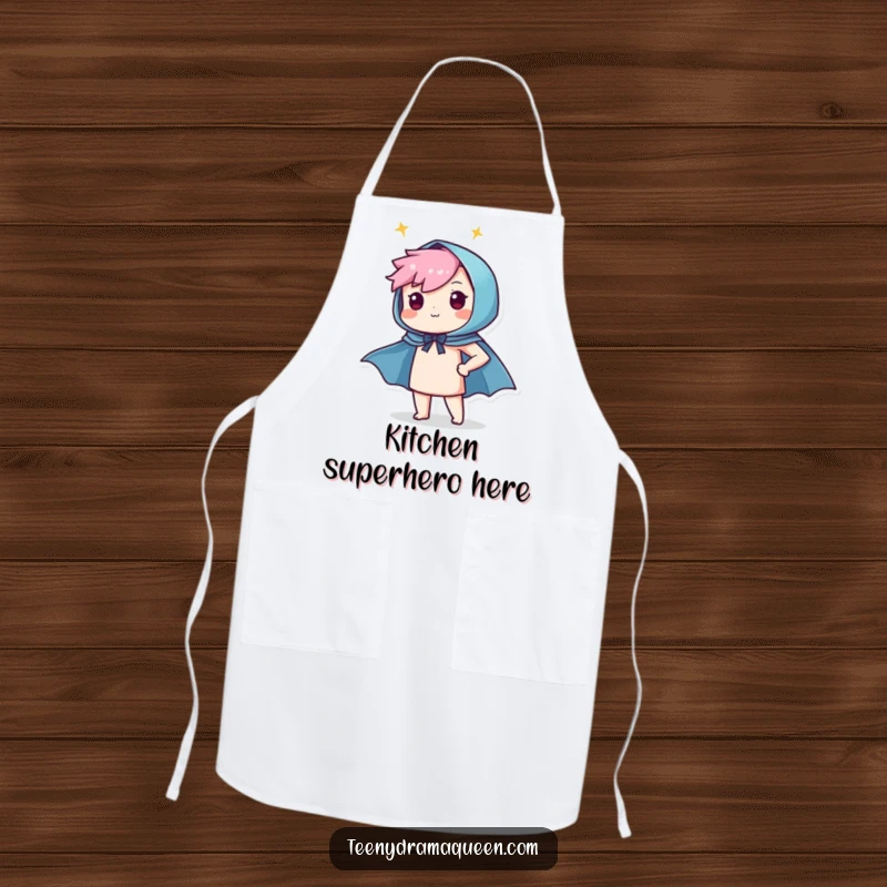 Funny apron featuring a character proudly donning a tiny, sparkly cape, ready for kitchen adventures and heroic cooking.