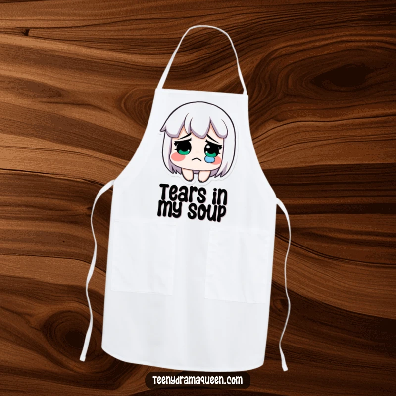 Funny apron, an exaggeratedly sad character with a single tear, wearing a kitchen apron humorously.