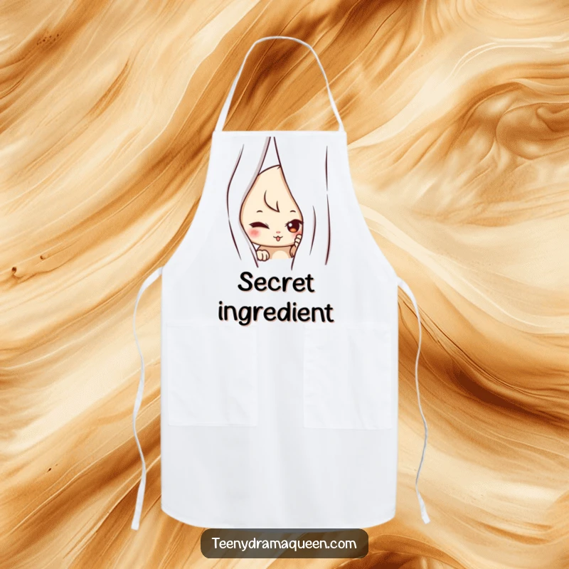 Funny apron featuring a mischievous character peeking from behind a curtain, making kitchen tasks a humorous and playful experience.