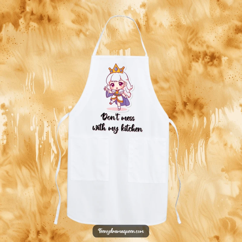 Funny apron featuring a miniature queen character stomping her foot, embodying hilarious kitchen authority. A great funny gift for cooks.