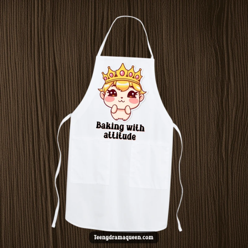 Funny apron featuring a sassy crown character pouting with puffed cheeks, embodying hilarious royal sass in the kitchen. Great funny gift.