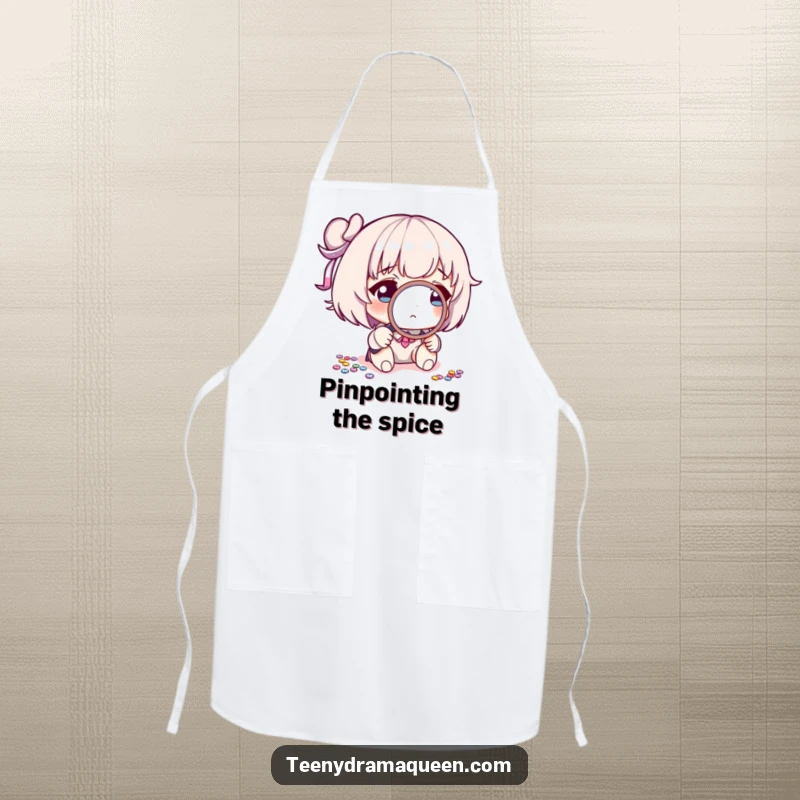 Funny apron with a character using a tiny magnifying glass to investigate a sequin, perfect for a detail-oriented cook. Hilarious kitchen humor.