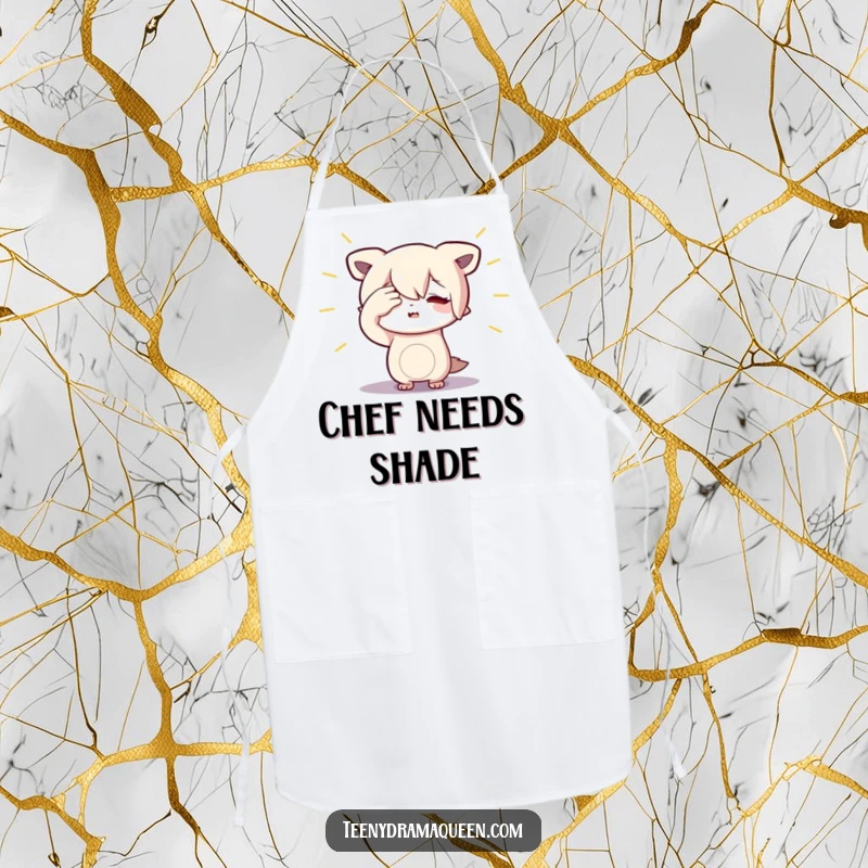 Funny Character Apron: Durable kitchen wear depicting a small figure dramatically shielding their eyes from an imaginary spotlight.