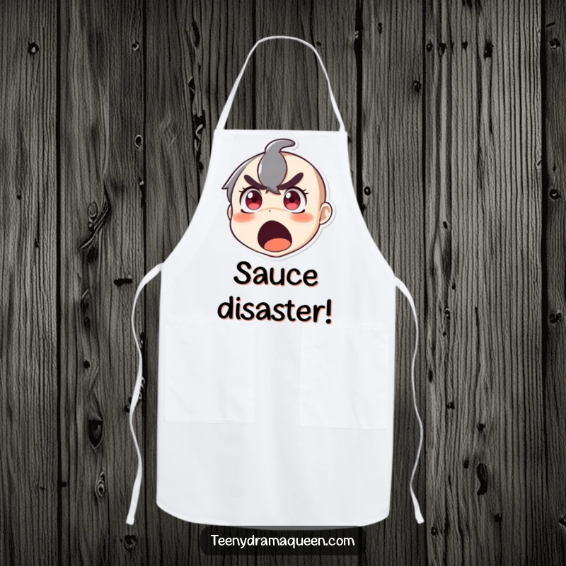 Funny apron with a character in wide-eyed shock, mouth open in a theatrical, humorous gasp, perfect for kitchen drama.