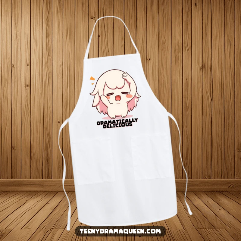 Funny swooning kawaii apron, a character dramatically fainting, perfect for dramatic flair while cooking.