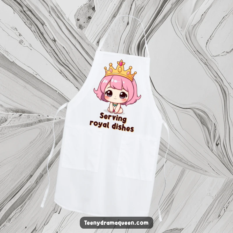 Funny Tiara Apron: A cute character wearing a comically oversized tiara, designed for the queen of the kitchen.