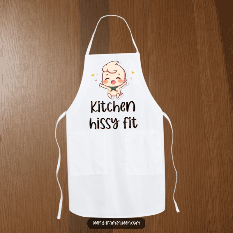 Funny apron showcasing a small character throwing a minuscule hissy fit, adding humor and dramatic flair to cooking and baking.