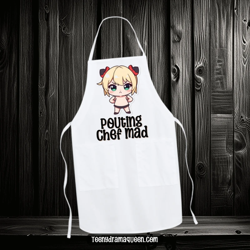 Funny Tiny Character Apron: Durable kitchen wear depicting a miniature figure in a dramatic, hands-on-hips pose with a pout.