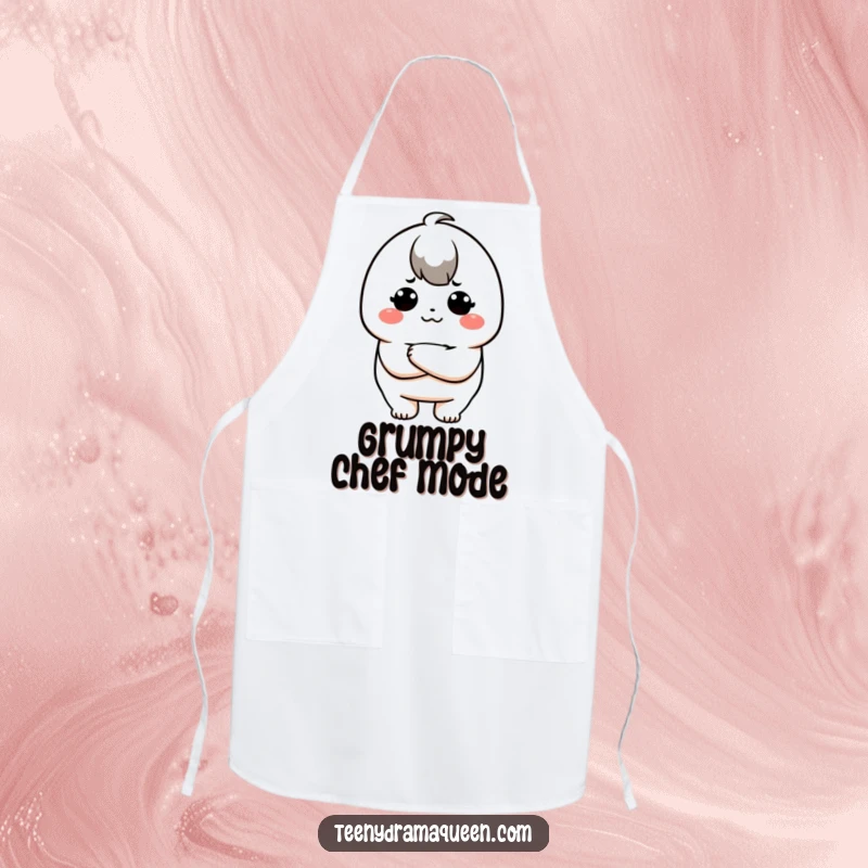 Funny cooking apron with a kawaii character in a pouty pose, ready to protect clothes with a humorous attitude, a funny gift.