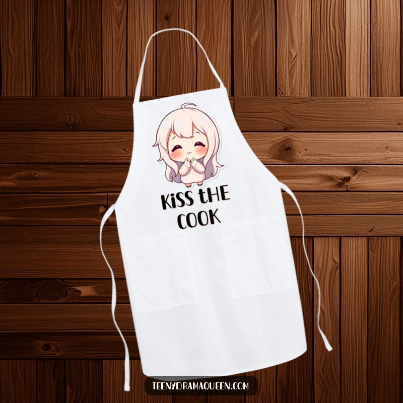 Funny apron featuring a happy character blowing a tiny, sweet kiss, making kitchen tasks a delightful and affectionate experience.