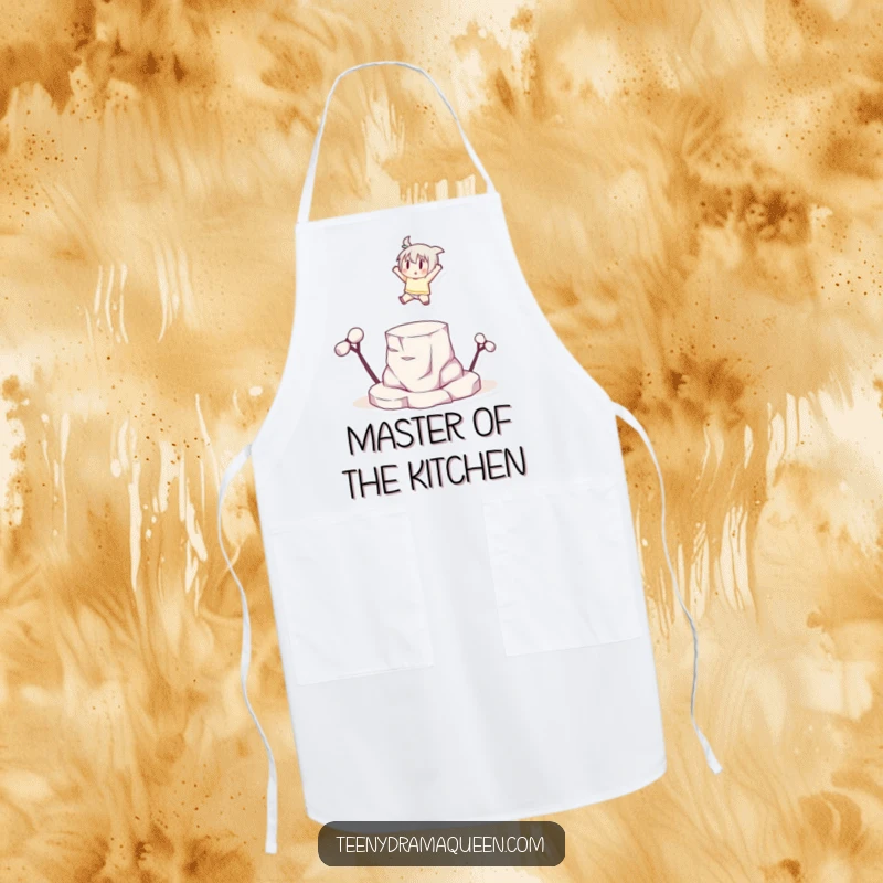 Funny small character leaping dramatically onto a tiny elevated platform with a flourish, adding motivational humor to cooking.