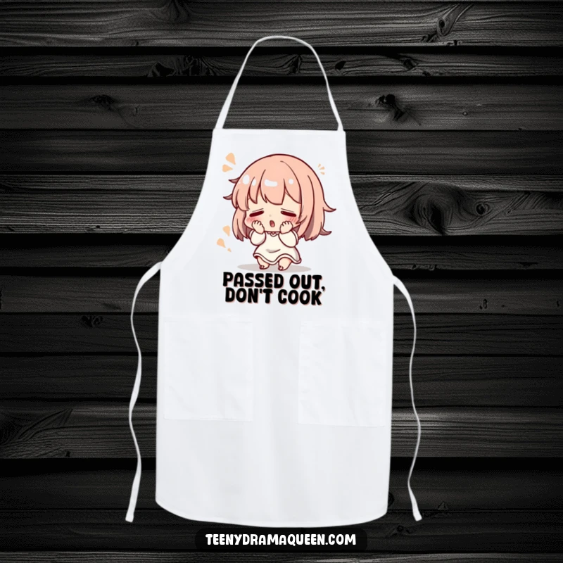 Funny Apron: Small character dramatically fainting with a flourish, making cooking a dramatic and humorous affair.