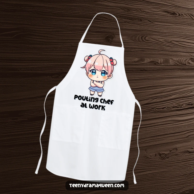 Funny apron showcasing a teeny character pouting with crossed arms, adding humor and adorable defiance to cooking and baking.