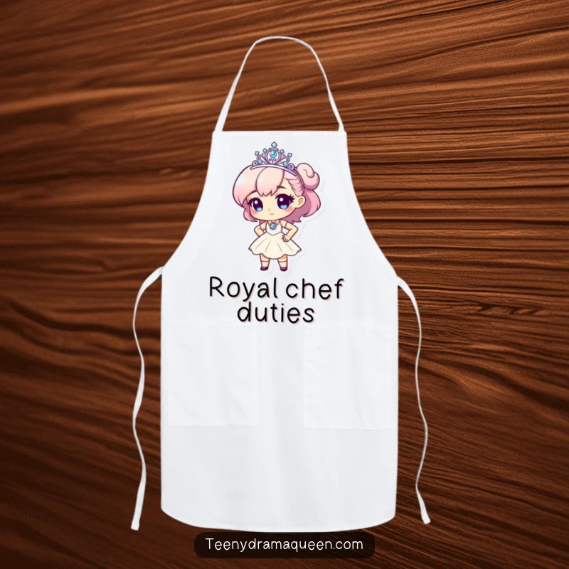 Funny apron depicting a tiny character with a tiara, striking a dramatic pose, adding glamour to cooking.