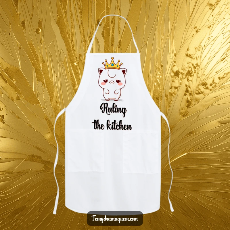 Funny unimpressed kawaii apron, a crowned character looking bored, perfect for ruling the kitchen with sass.