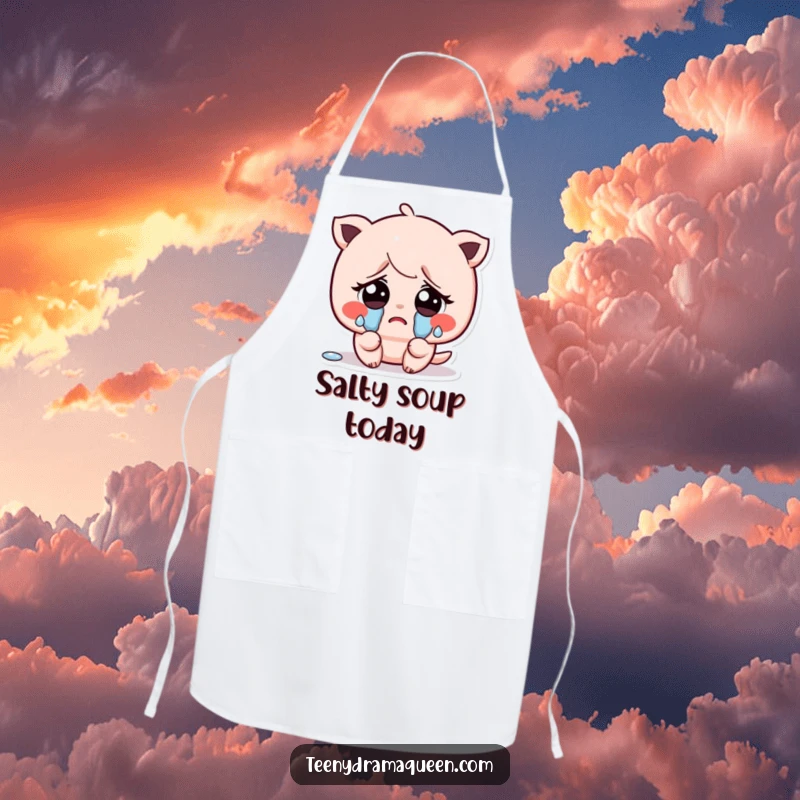Funny apron with a kawaii character crying tiny, exaggerated tears from big sad eyes, perfect for a cook who feels deeply.