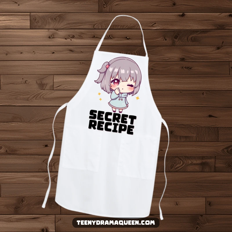 Funny apron showing a character whispering secrets with a conspiratorial wink, perfect for kitchen fun and humorous culinary endeavors.