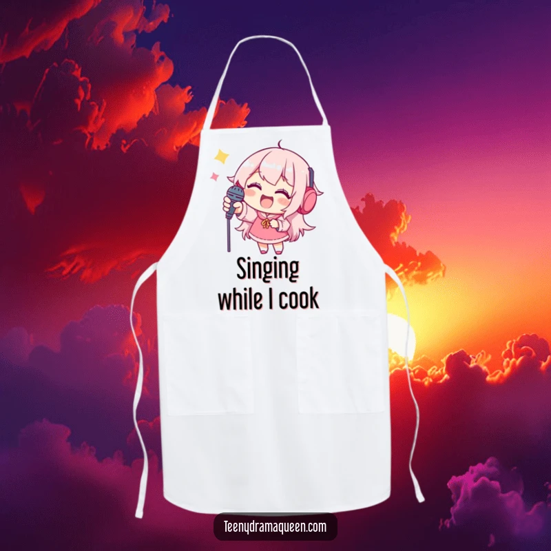Funny apron, a joyful character reaching for a miniature microphone while in the kitchen, showing humor.