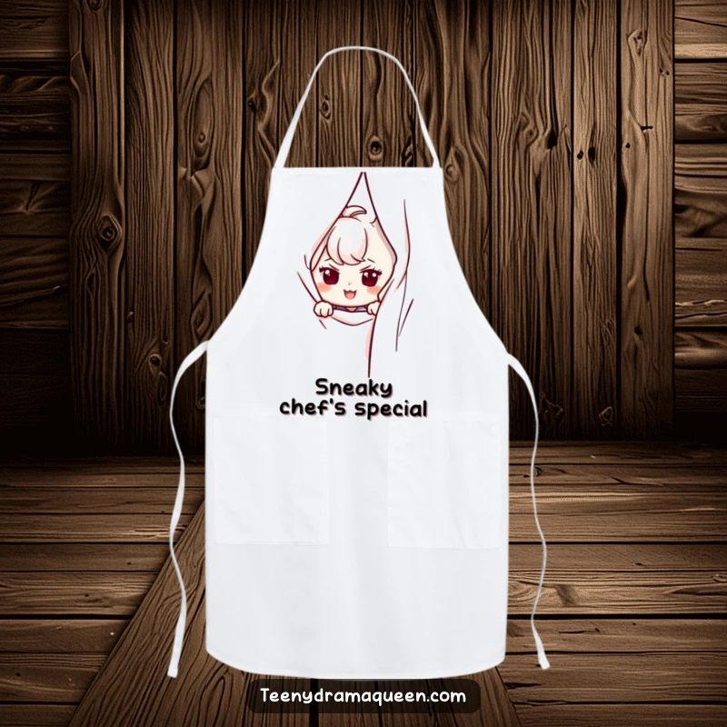 Funny apron with a character peeking from behind a curtain, with a mischievous smirk, perfect for chefs.