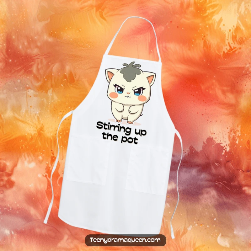 Funny apron showing a character with a mischievous glint, about to cause a small commotion, ideal for a playful cook. Kitchen humor.