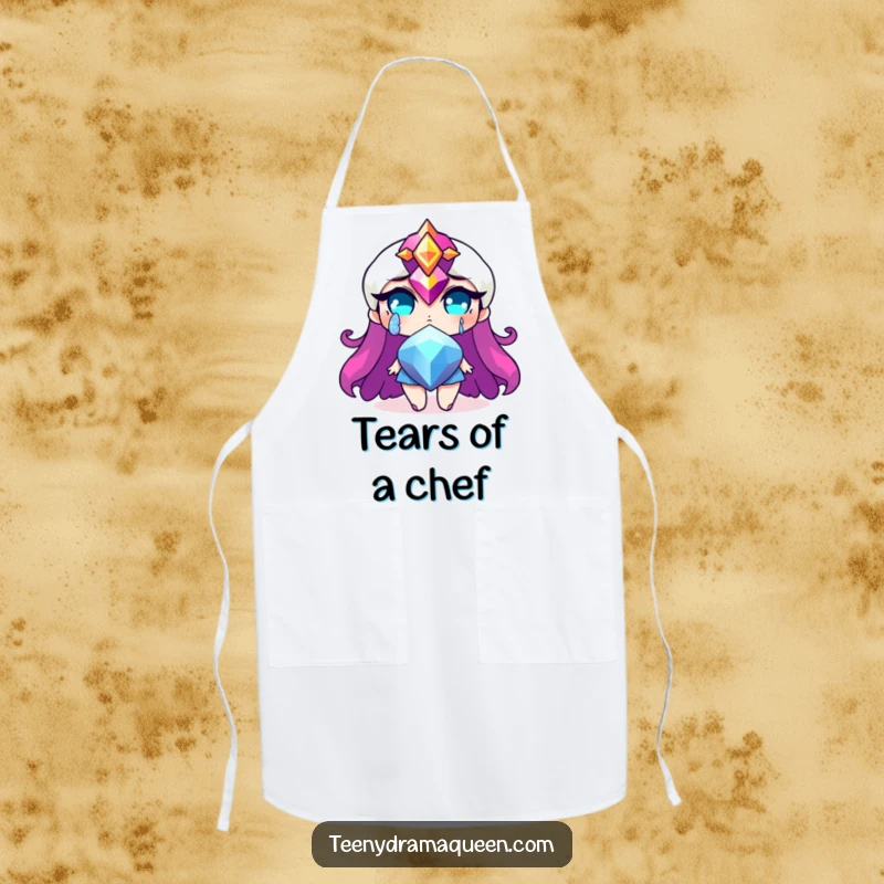 Funny apron featuring a dramatic jewel character shedding a glittery tear, embodying hilarious dramatic sparkle in the kitchen. Great funny gift.