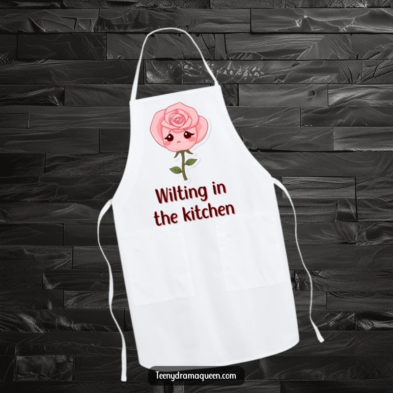 Funny Apron featuring a pink rose character drooping sadly, adding humorous melancholy to kitchen cooking attire.