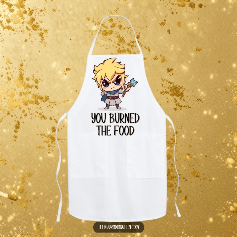 Funny apron featuring a miniature scepter character pointing accusingly, embodying hilarious kitchen authority and playful blame. Great funny gift.