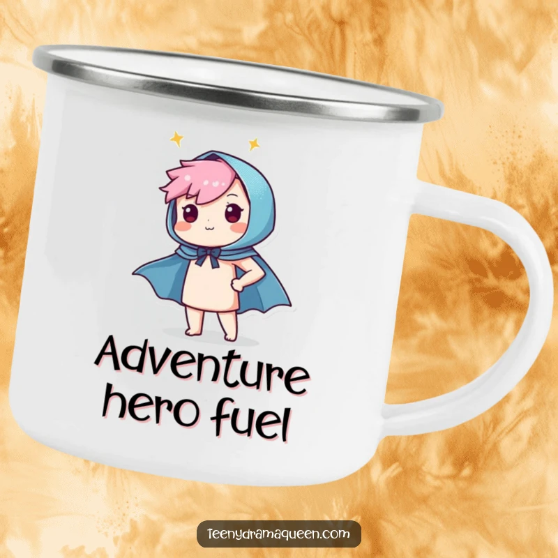 Funny camping mug featuring a proud character putting on a tiny, sparkly cape, ready for any outdoor heroic deed.