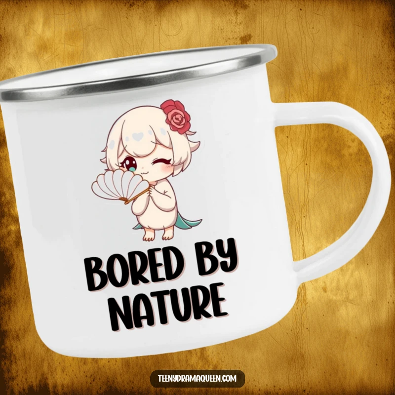 Funny camping mug showing a character fanning themselves with a miniature feather fan, looking bored, bringing sophisticated humor to nature.