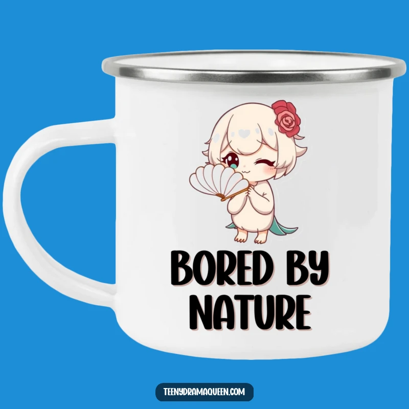 Funny Bored Elegance Camping Mug: Fanning Character, Outdoor Disinterest Funny Gift