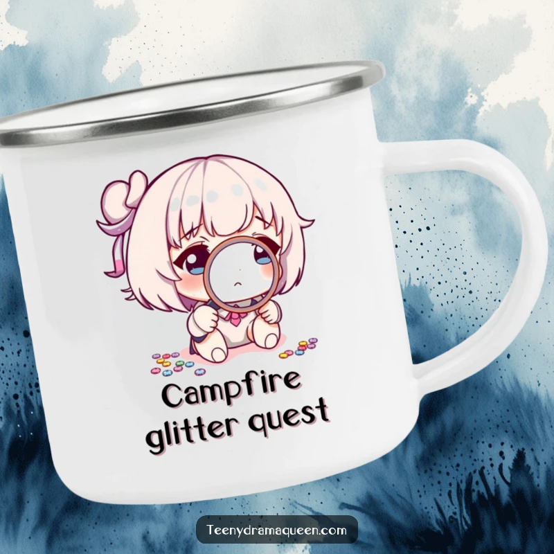 Funny camping mug showing a character using a tiny magnifying glass to scrutinize a sequin, perfect for outdoor humor and exploration.