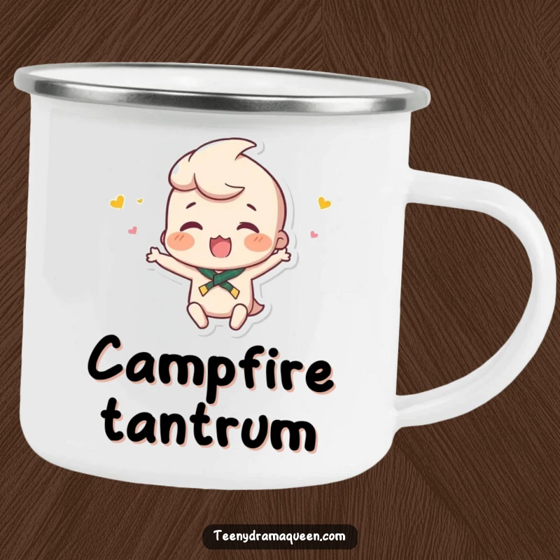 Funny camping mug featuring a small character throwing a minuscule hissy fit, perfect for outdoor enthusiasts who enjoy playful drama.