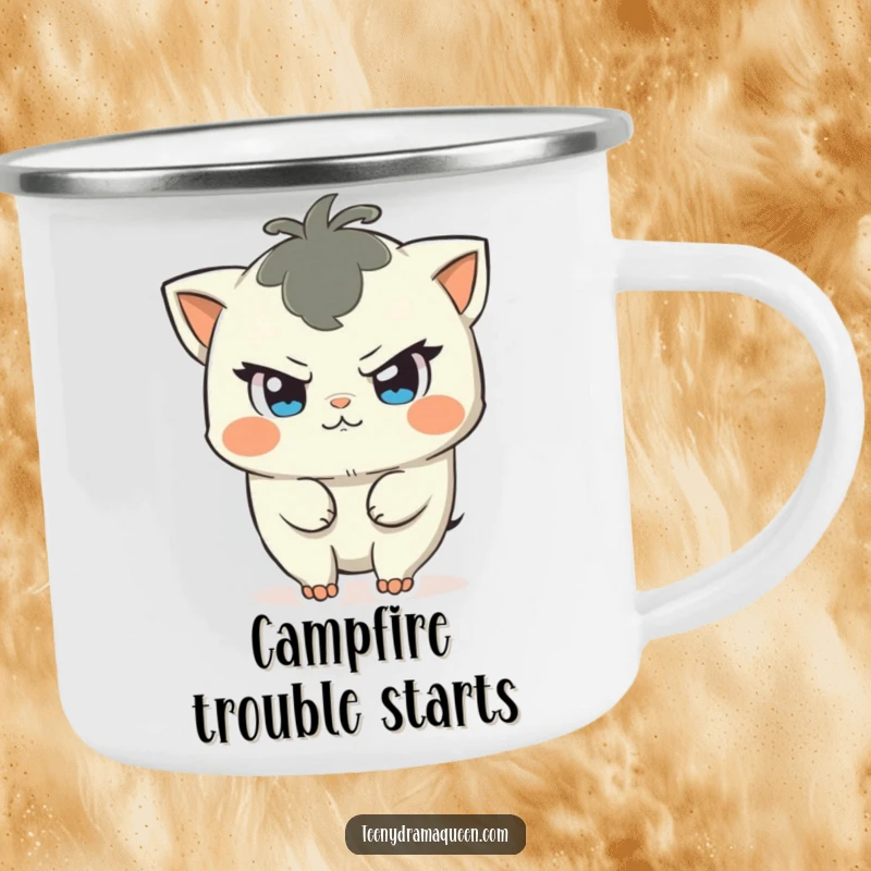 Funny camping mug showing a character with a mischievous glint, about to cause a small commotion, bringing playful humor to the outdoors.