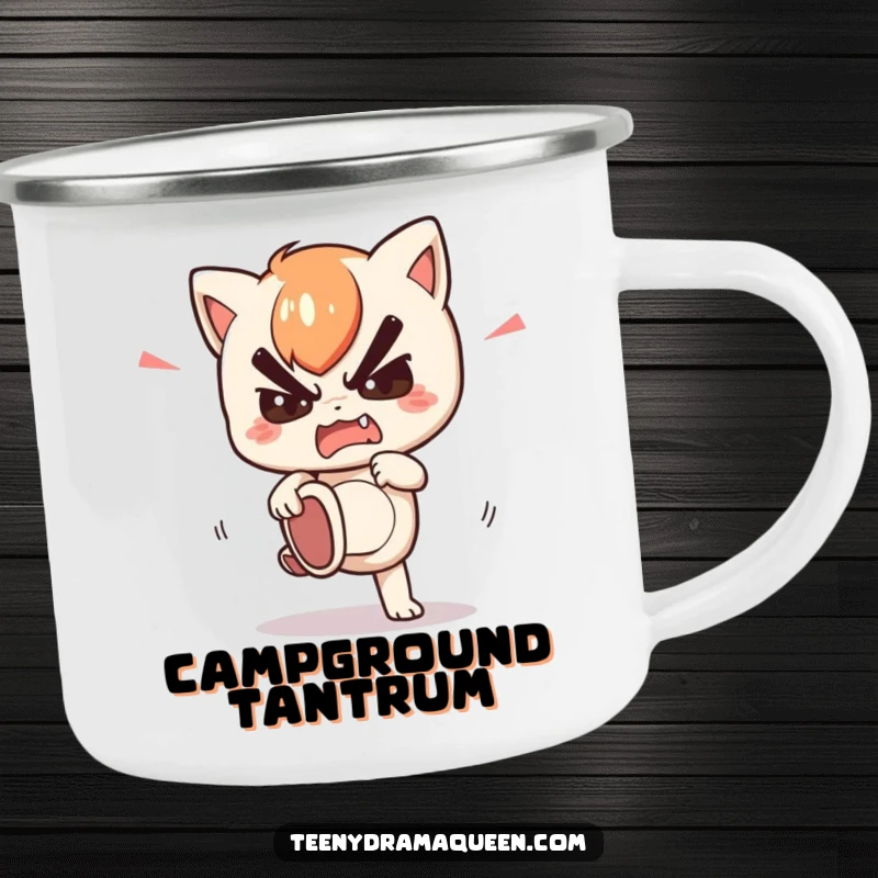 Funny camping mug with a kawaii character stomping its foot in feigned fury, perfect for dramatic moments outdoors.