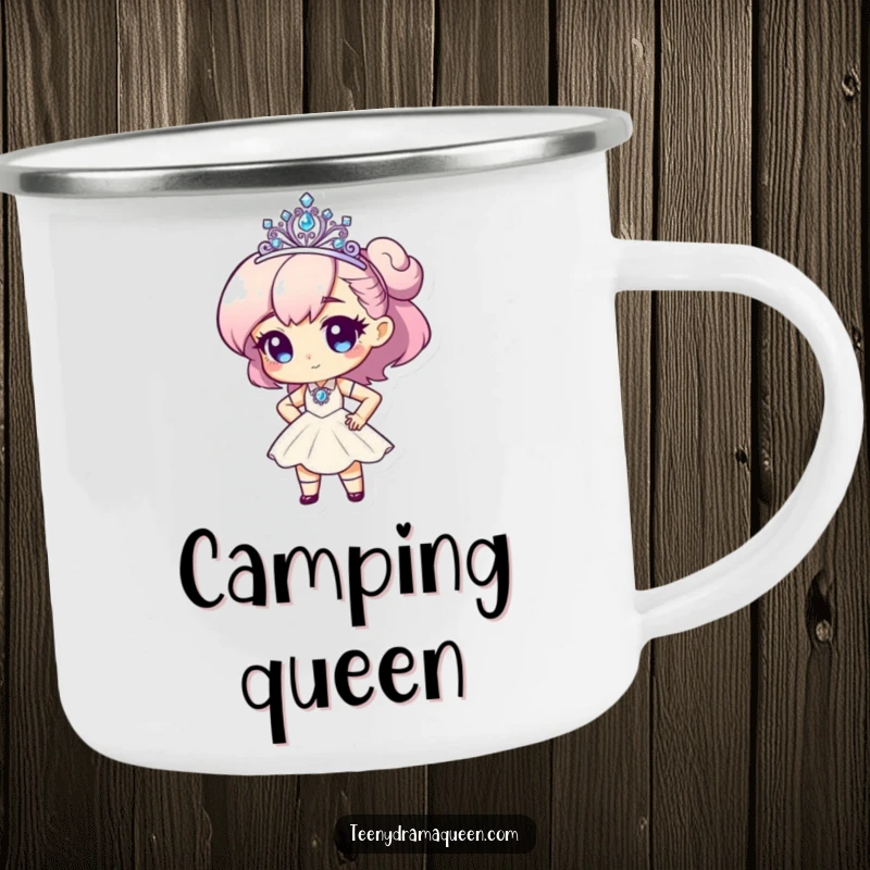 Funny camping mug with a tiny character in a tiara, striking a dramatic pose, perfect for outdoor drinks.